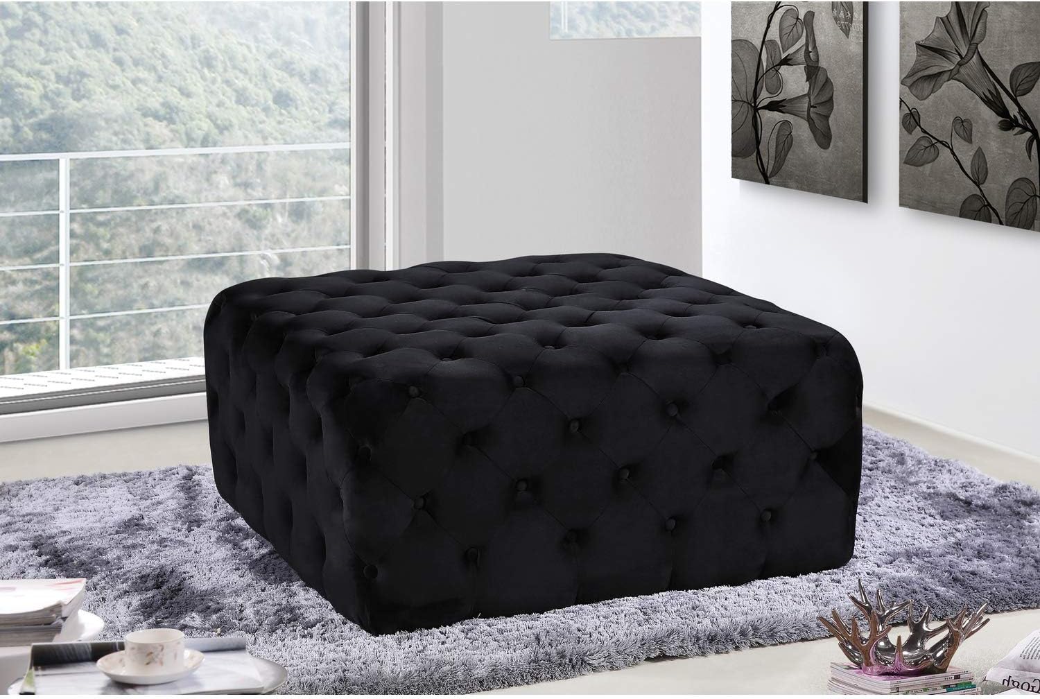 Meridian Furniture Ariel Collection Modern  Otomanabanco tapizado de terciopelo negro contemporáneo con botones profundos, marco de madera maciza,