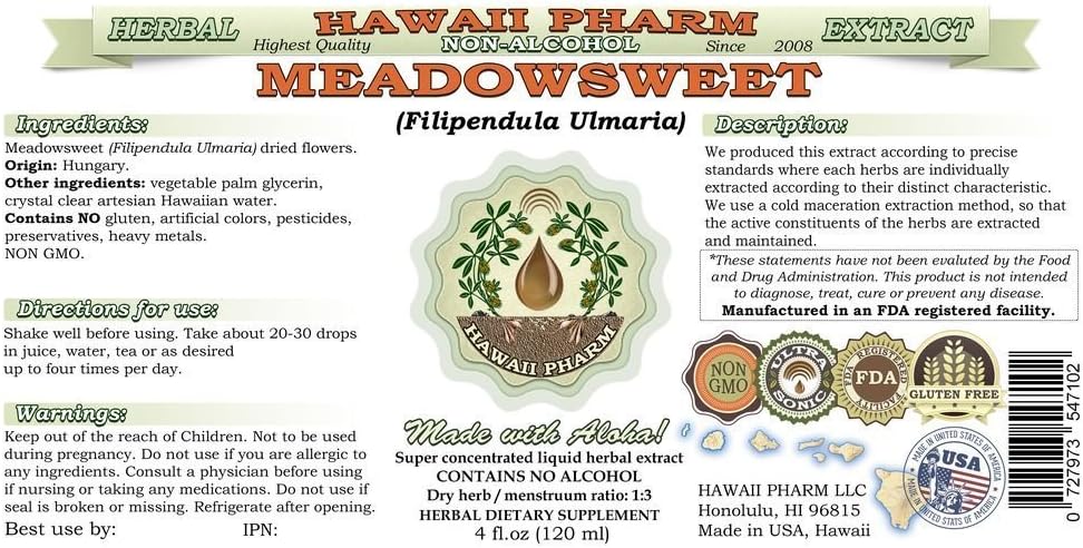 Meadowsweet – Extracto líquido sin alcohol, Meadowsweet (Filipendula Ulmaria) Suplemento herbario natural de glicerita de hierbas, Hawaii Pharm, EE.