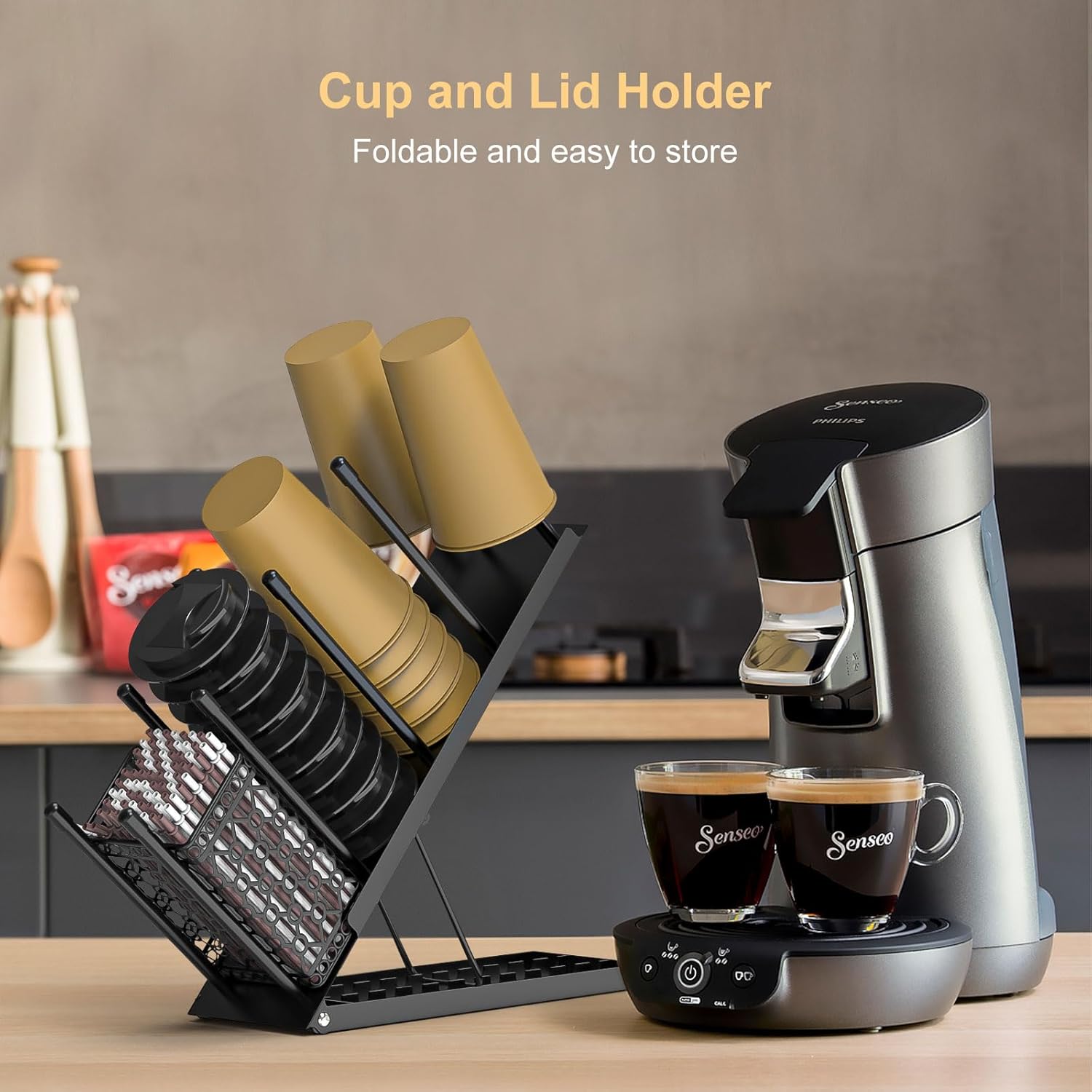 Organizador de metal para tazas de café y tapa, dispensador ajustable de 4 compartimentos