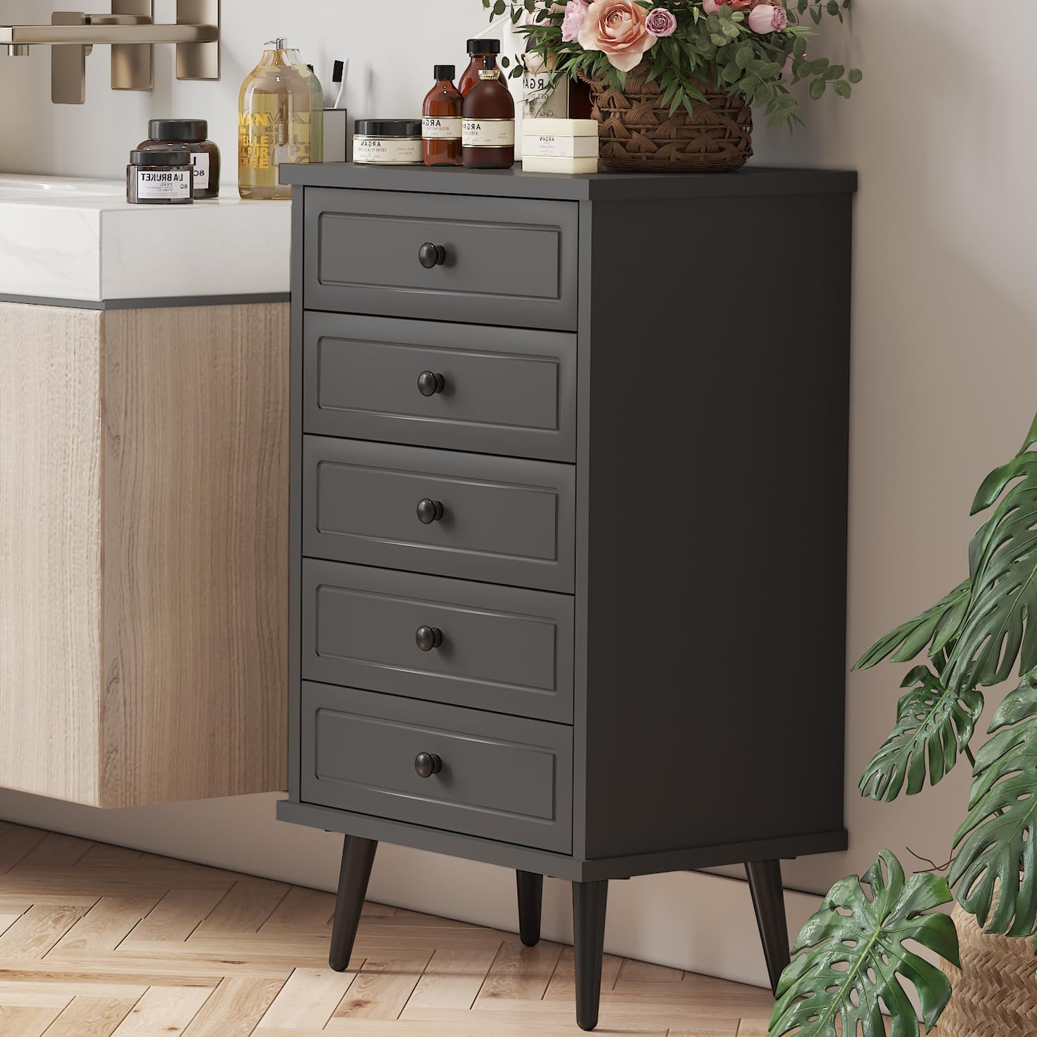 Function Home Cómoda con 5 cajones, cómoda de almacenamiento de madera con dispositivo anti-caída para baño, dormitorio, sala de estar y armario