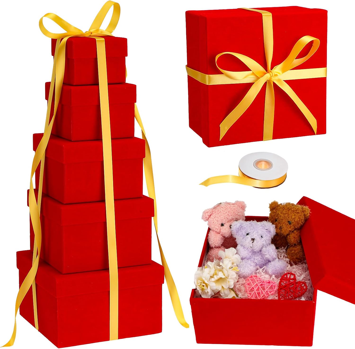 Mifoci Paquete de 5 cajas de regalo anidables para el Día de la Madre con tapas, cinta, terciopelo, arreglos cuadrados, flores, caja de regalo de 5