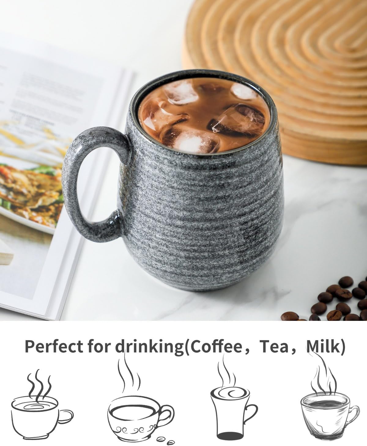 Hasense Taza de café grande, taza de café de porcelana de 20 onzas con mango grande, fácil de sostener, taza de café grande para café con leche, té,