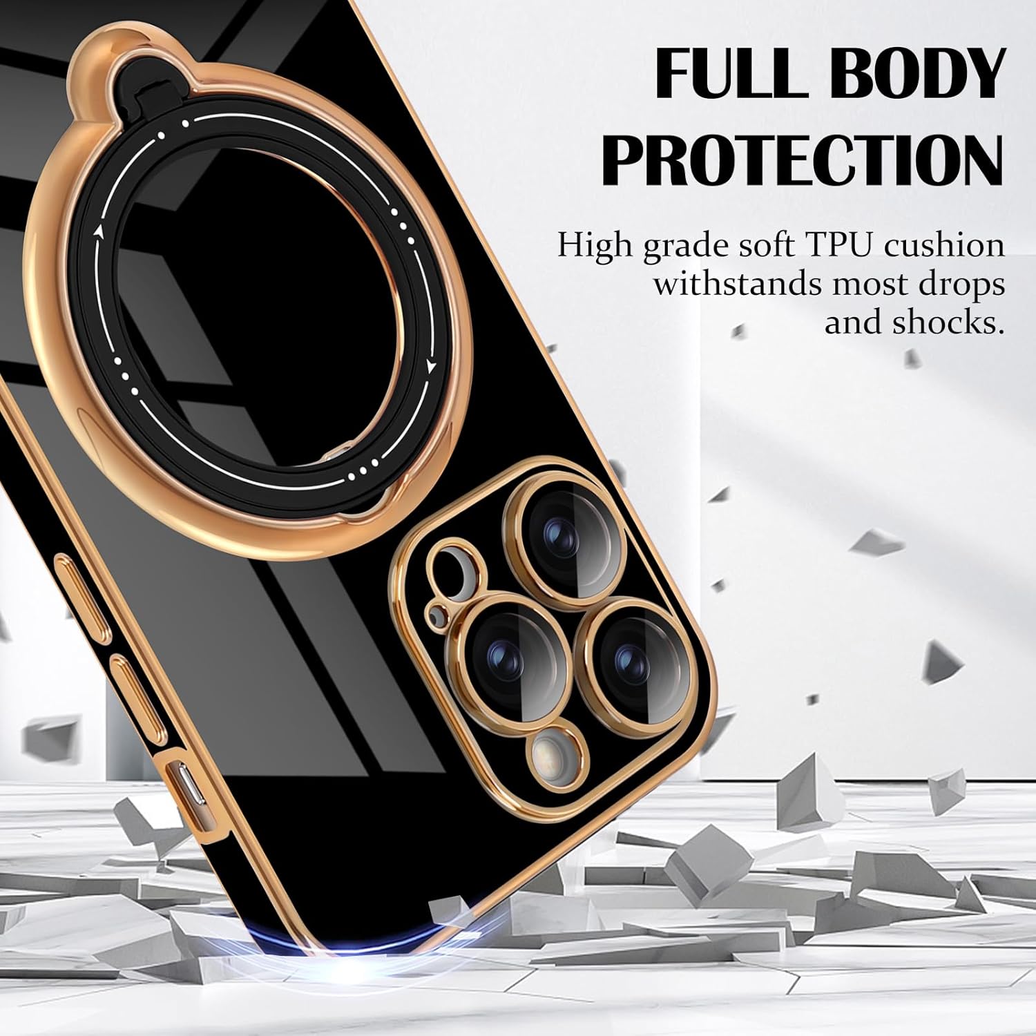 Newseego Funda para iPhone 14 Pro Max, funda de lujo con borde chapado con soporte magnético giratorio de 360 invisible para mujeres, niñas y