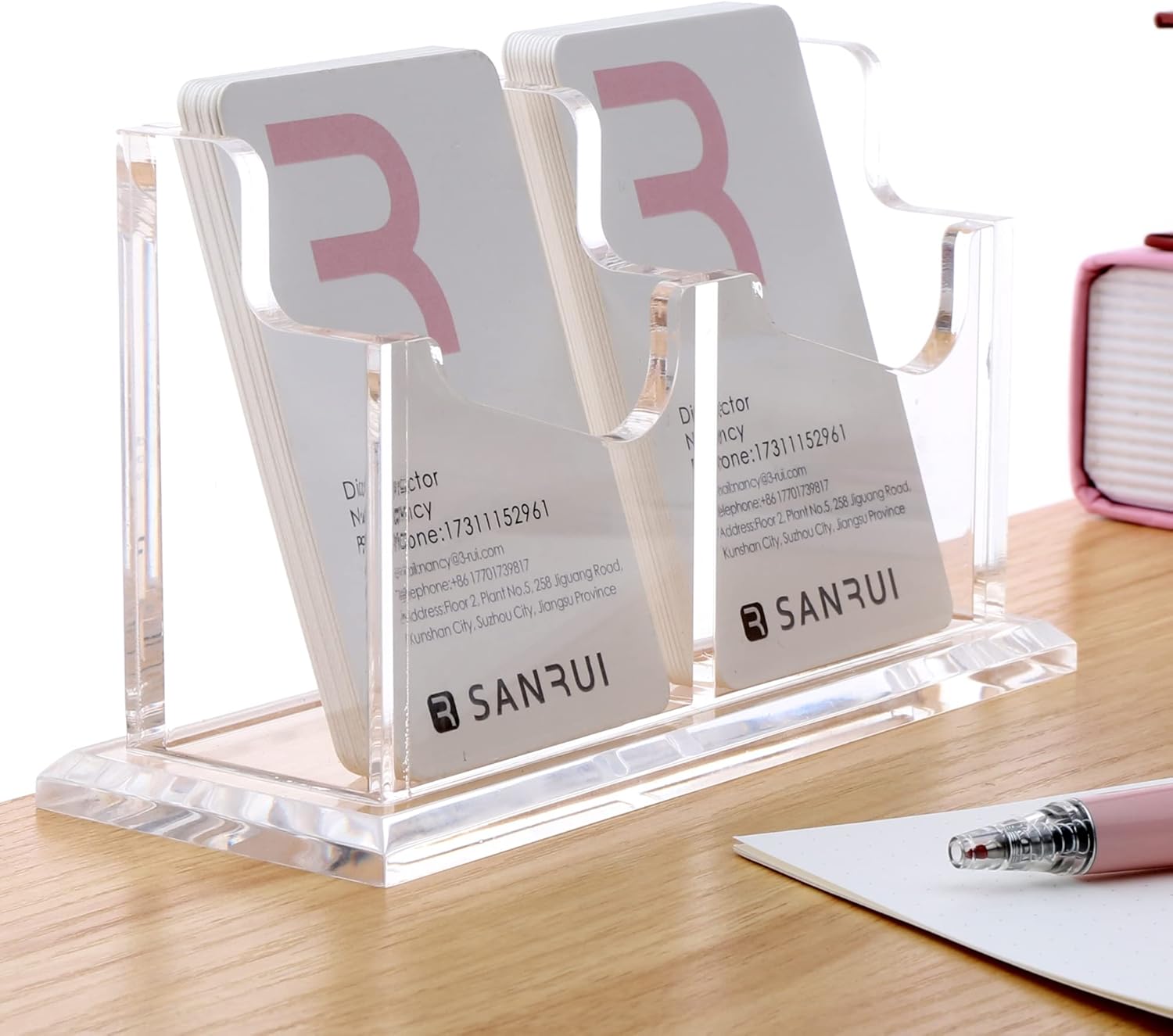 SANRUI Soporte vertical para tarjetas de visita para escritorio, soporte de acrílico transparente para tarjetas de presentación, 2 ranuras de 1