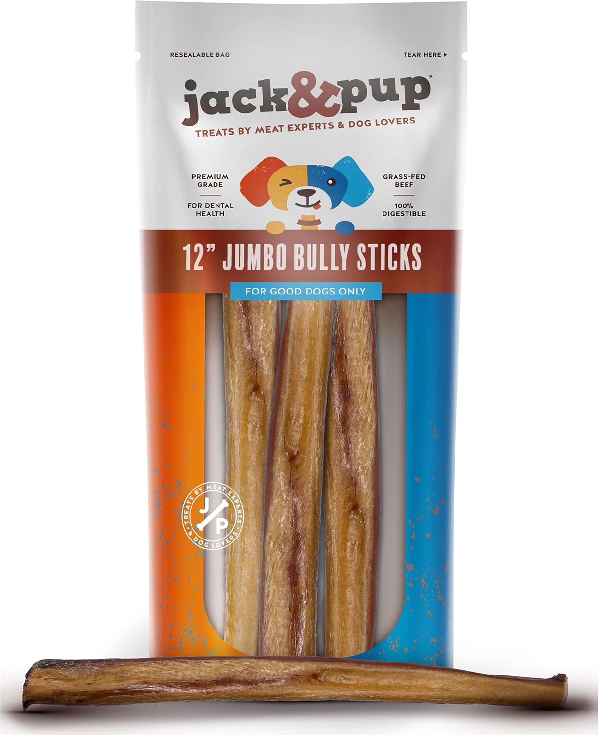 Jack&Pup Bully Sticks de 12 pulgadas para perros grandes  Palitos de carne sin olor jumbo de larga duración  Todos los palitos naturales 100% de