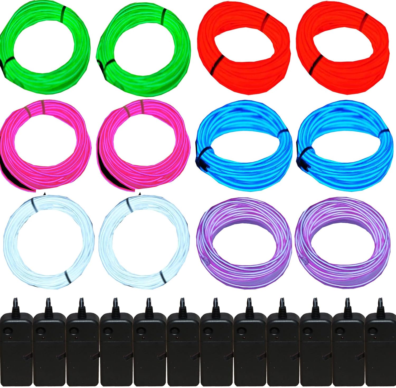 JYtrend Paquete de 12 cables electroluminiscentes de luz de neón de 9 pies con batería (azul, verde, rojo, blanco, morado, rosa)