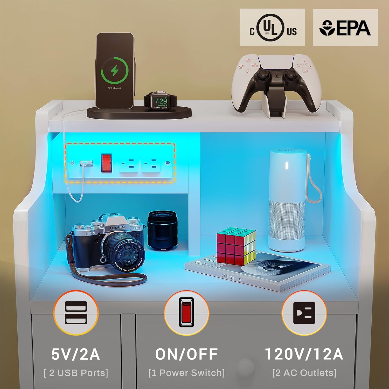 ADORNEVE Juego de 2 mesitas de noche blancas, mesita de noche LED con estación de carga, mesita de noche con cajones, mesa auxiliar moderna de