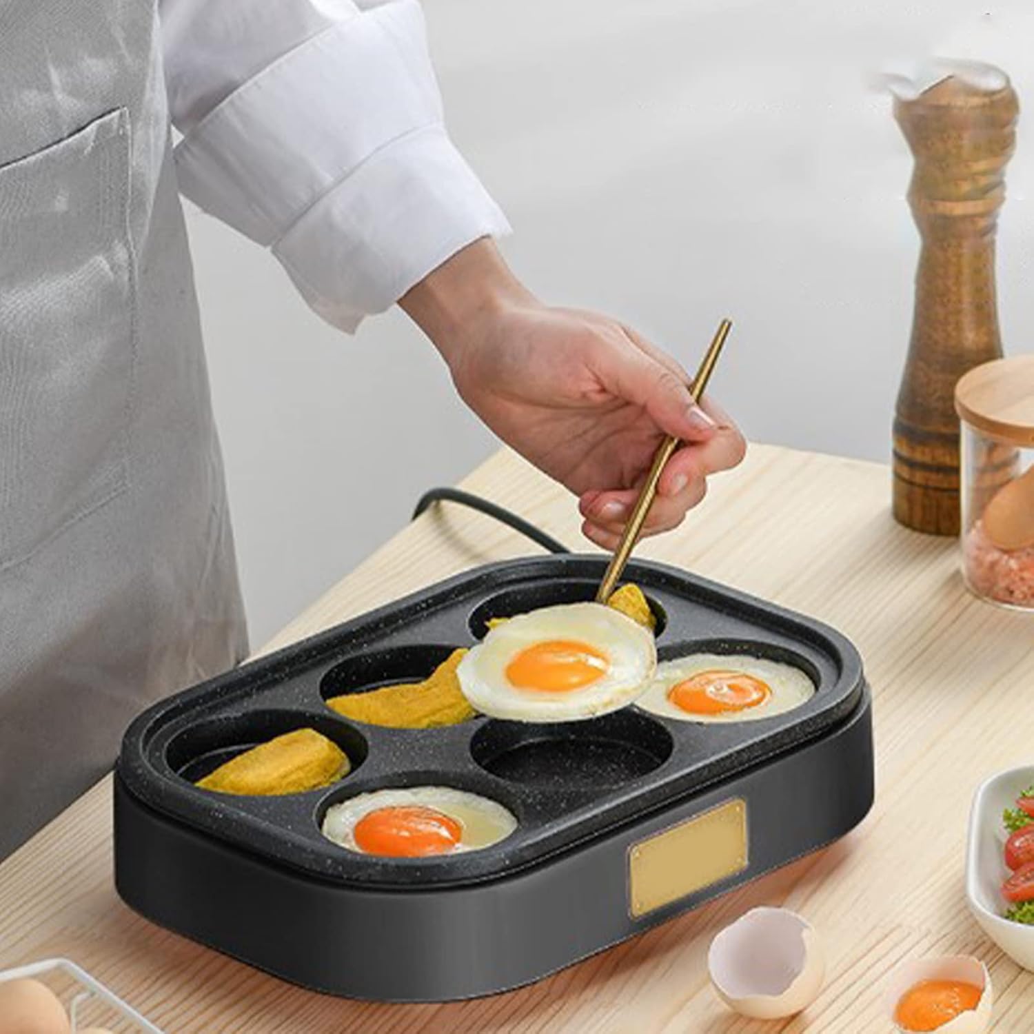 Mini sartén eléctrica para panqueques de 6 agujeros, sartén antiadherente de huevos, máquina para hornear antiadherente, desayuno multifuncional,