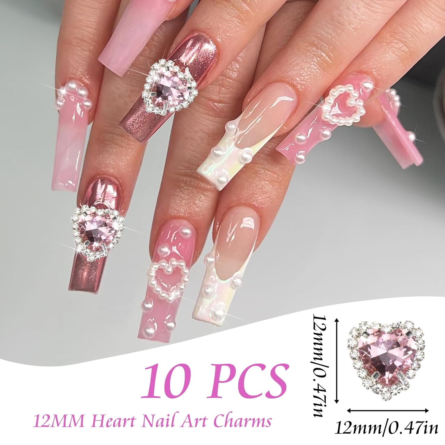 YAEISM Dijes de arte de uñas de corazón de 0.472 pulgadas, 10 piezas de diamantes de imitación de cristal 3D, dijes de uñas de diamante rosa