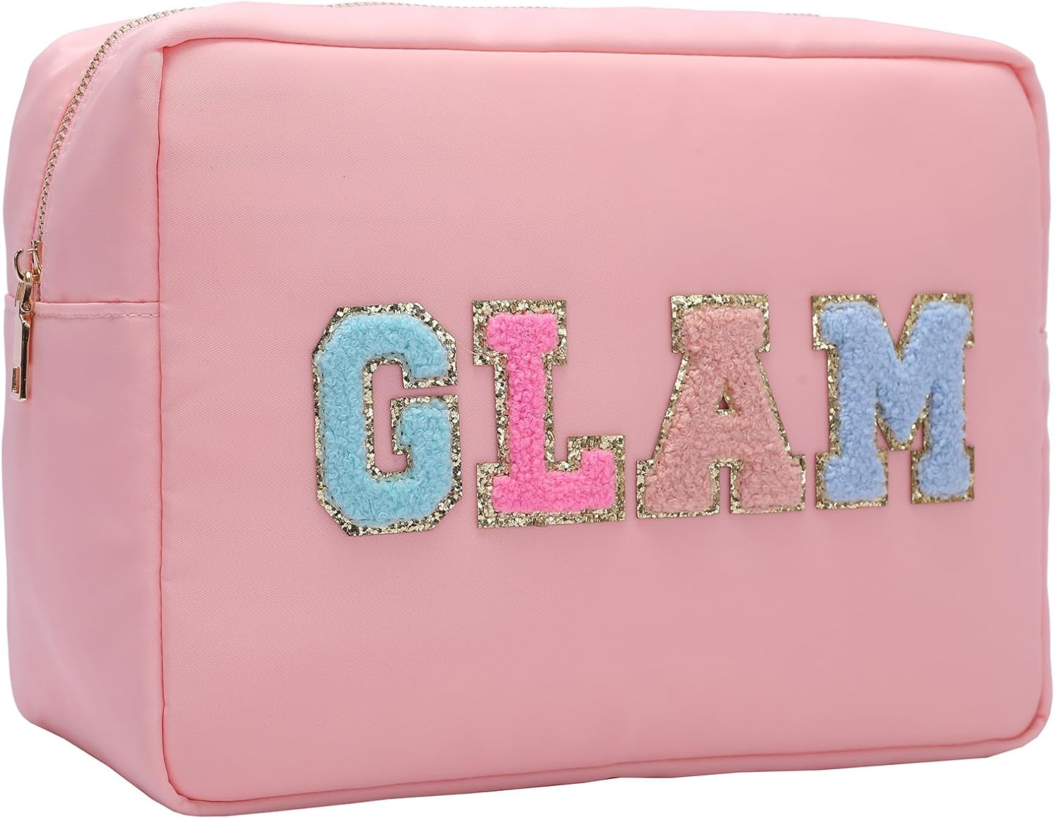 Preppy Patch – Bolsas de maquillaje con letras con purpurina, bolsa de cosméticos de viaje, bolsa de nailon impermeable para mujeres y niñas,