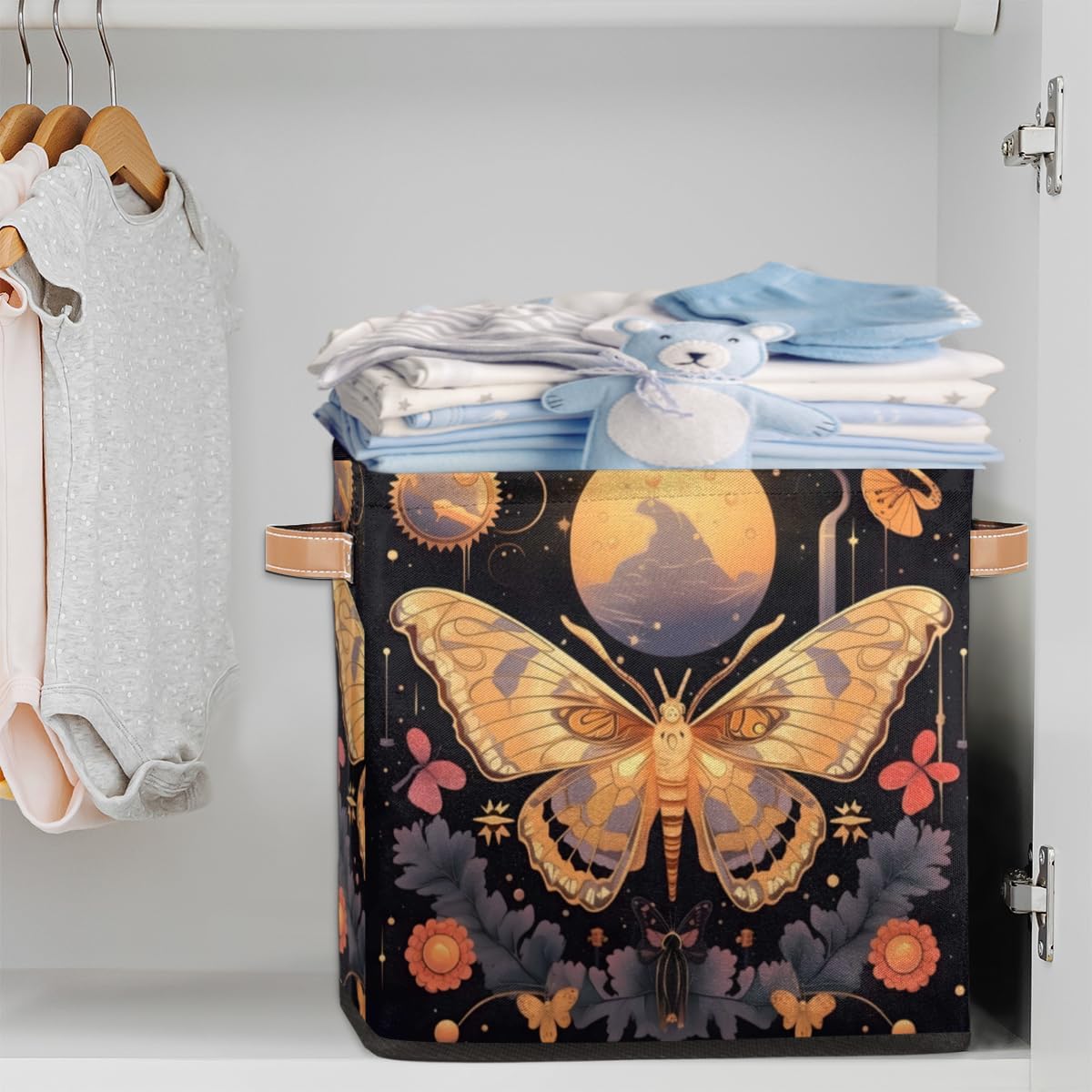Moon Butterfly Cube – Contenedores de almacenamiento de 13 x 13 x 13 pulgadas, de tela abstracta, plegables, canastas con asas de poliuretano para