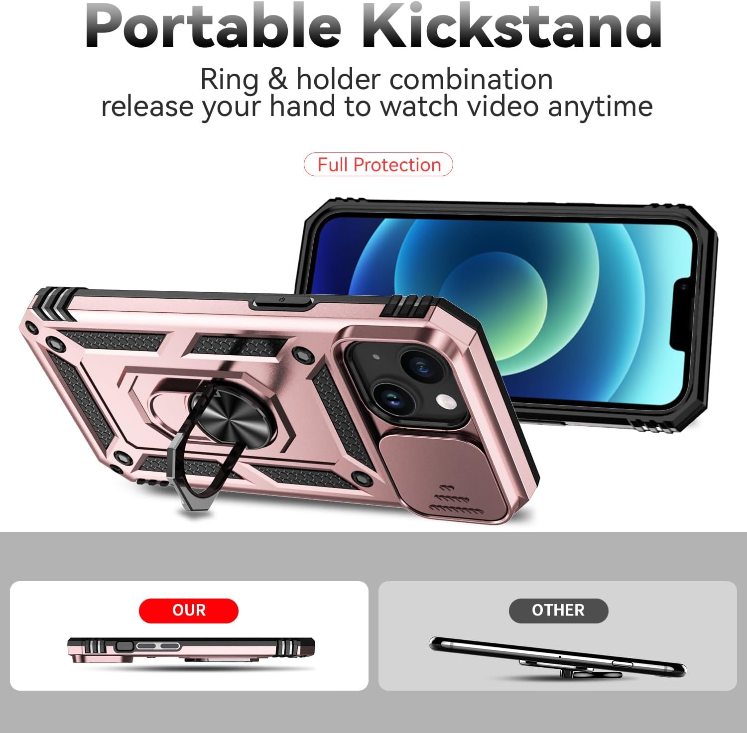 Hitaoyou Funda compatible con iPhone 15, iPhone 15 con funda para cámara y soporte, grado militar, a prueba de golpes, resistente, con soporte