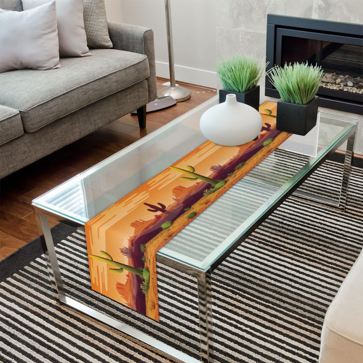 Table Runner Cartoon Cactus Desert Landscape, Rustic Linen Table Cloth, Kitchen Dining Table Decoration for Home Party Decor 13 x 48 Inches
