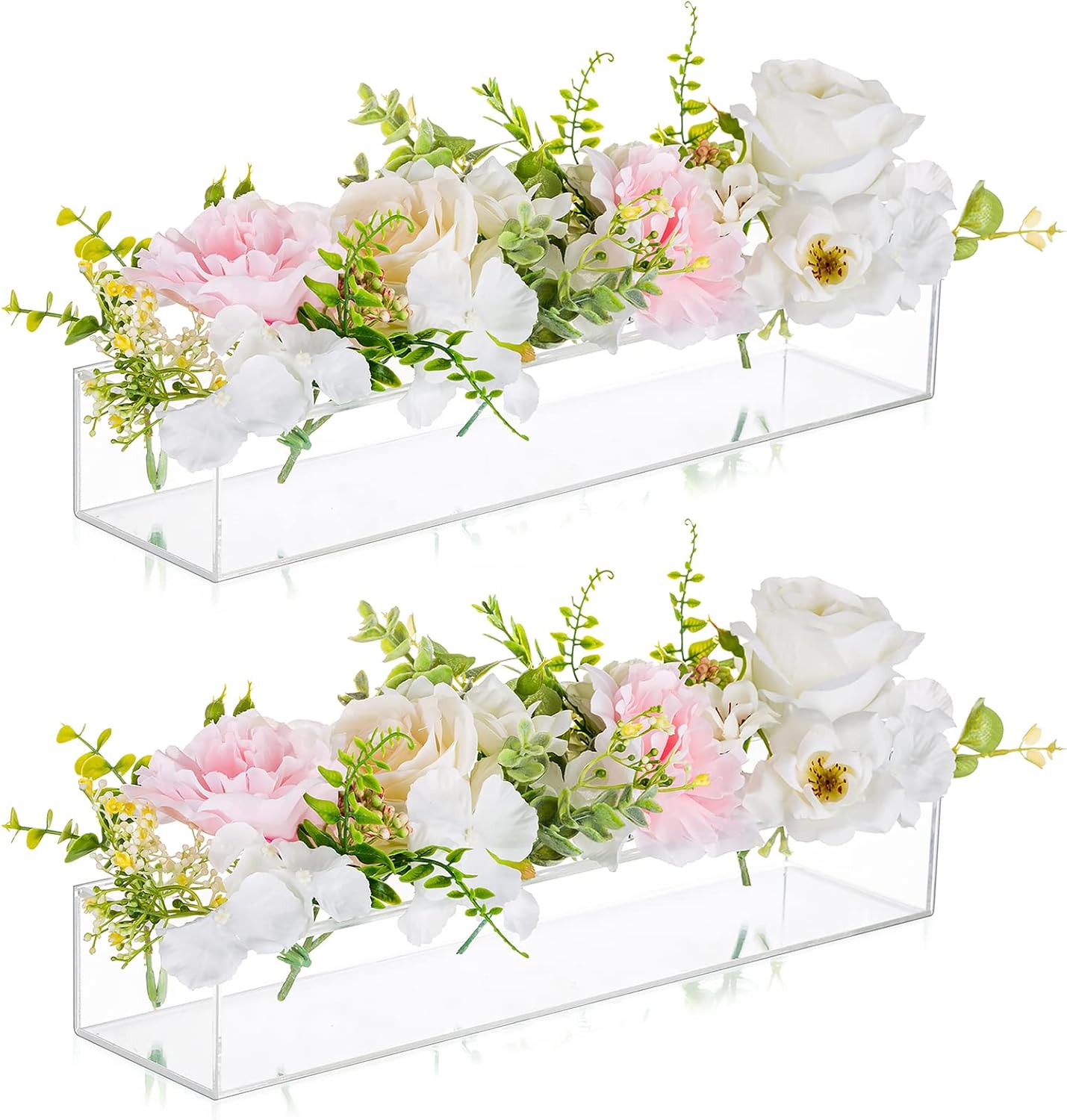 NUPTIO Centros de mesa de boda florales para mesas, 2 piezas de 15.7 pulgadas de largo, jarrones rectangulares transparentes para flores, caja