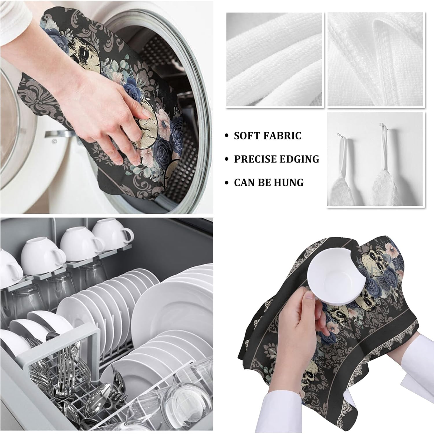 Juego de 2 toallas de cocina y paños de cocina, diseño floral de Halloween con textura de calavera negra de 18 x 28 pulgadas, toallas de mano