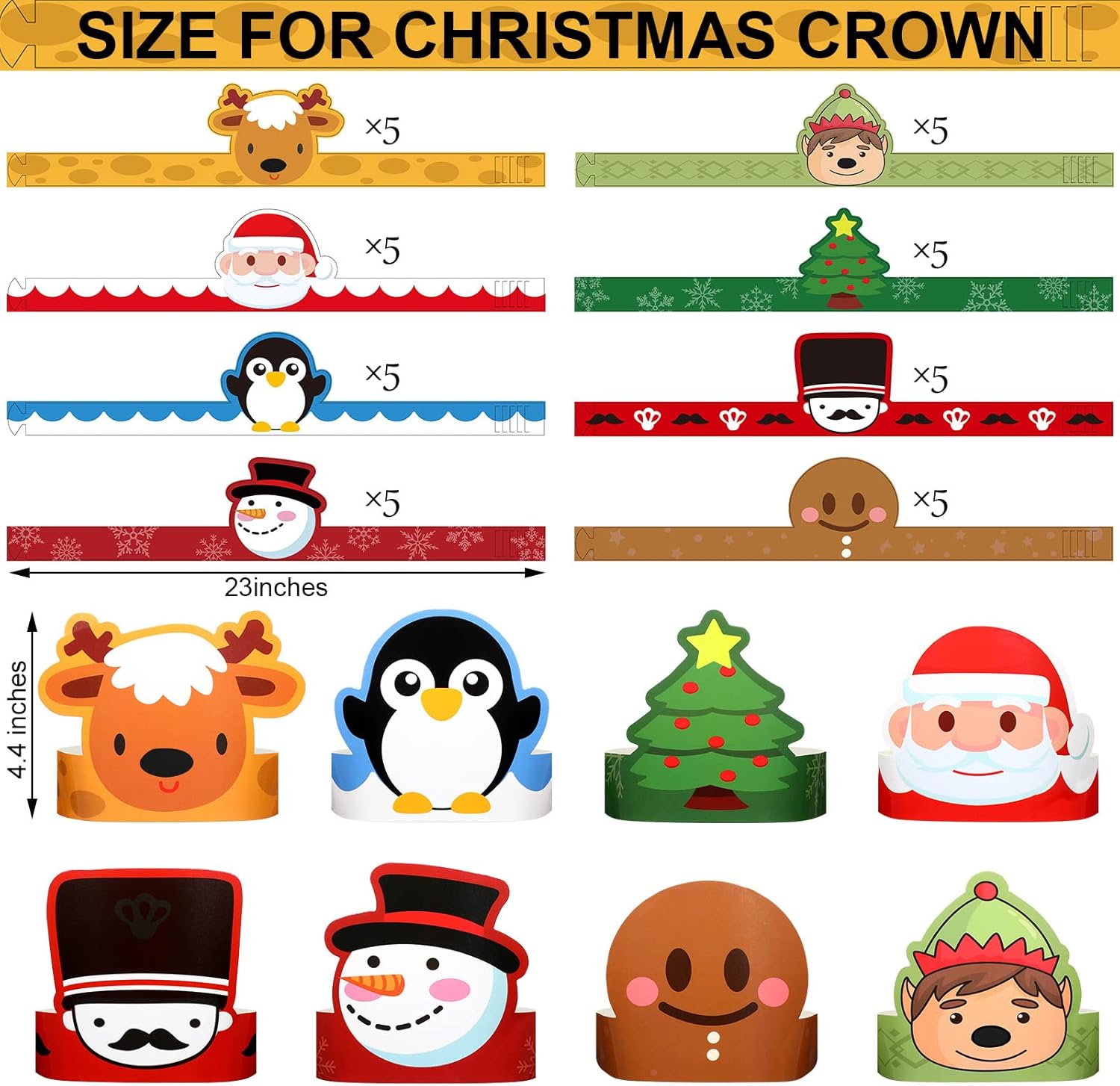 Skylety 40 sombreros de fiesta de papel de Navidad para niños, ajustable, corona de papel, diadema, Papá Noel, elfo, reno, muñecos de nieve, hombre