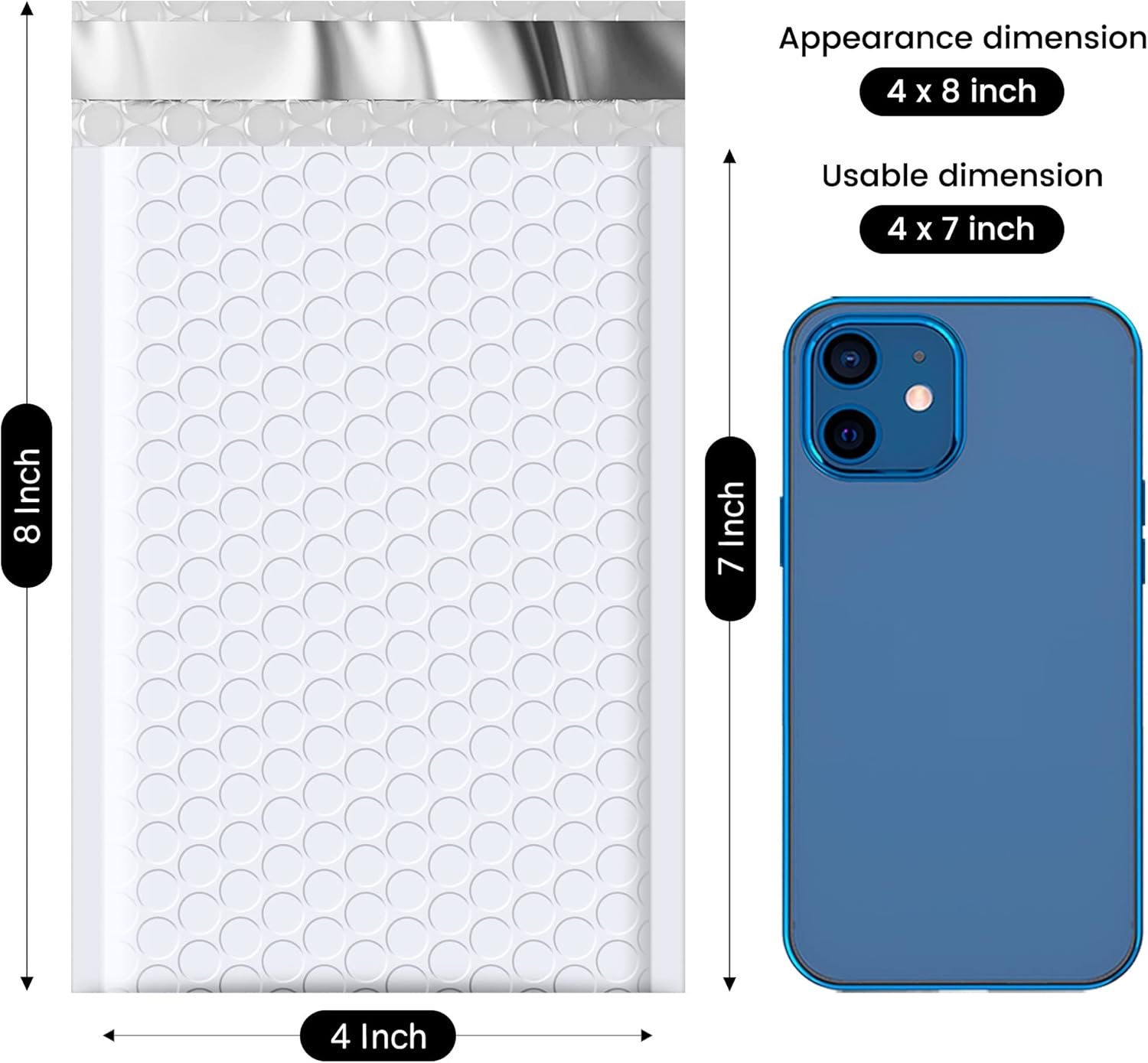 Fuxury Paquete de 100 sobres de burbujas pequeños de 4 x 8 pulgadas, sobres de burbujas de color blanco, opacos, acolchados para regalos, sobres de