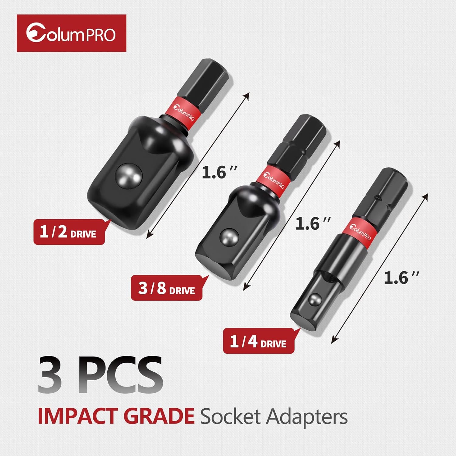 ColumPRO Juego de 3 adaptadores de enchufe de impacto rechoncho, adaptador de enchufe de vástago hexagonal de 14 “38” 12″