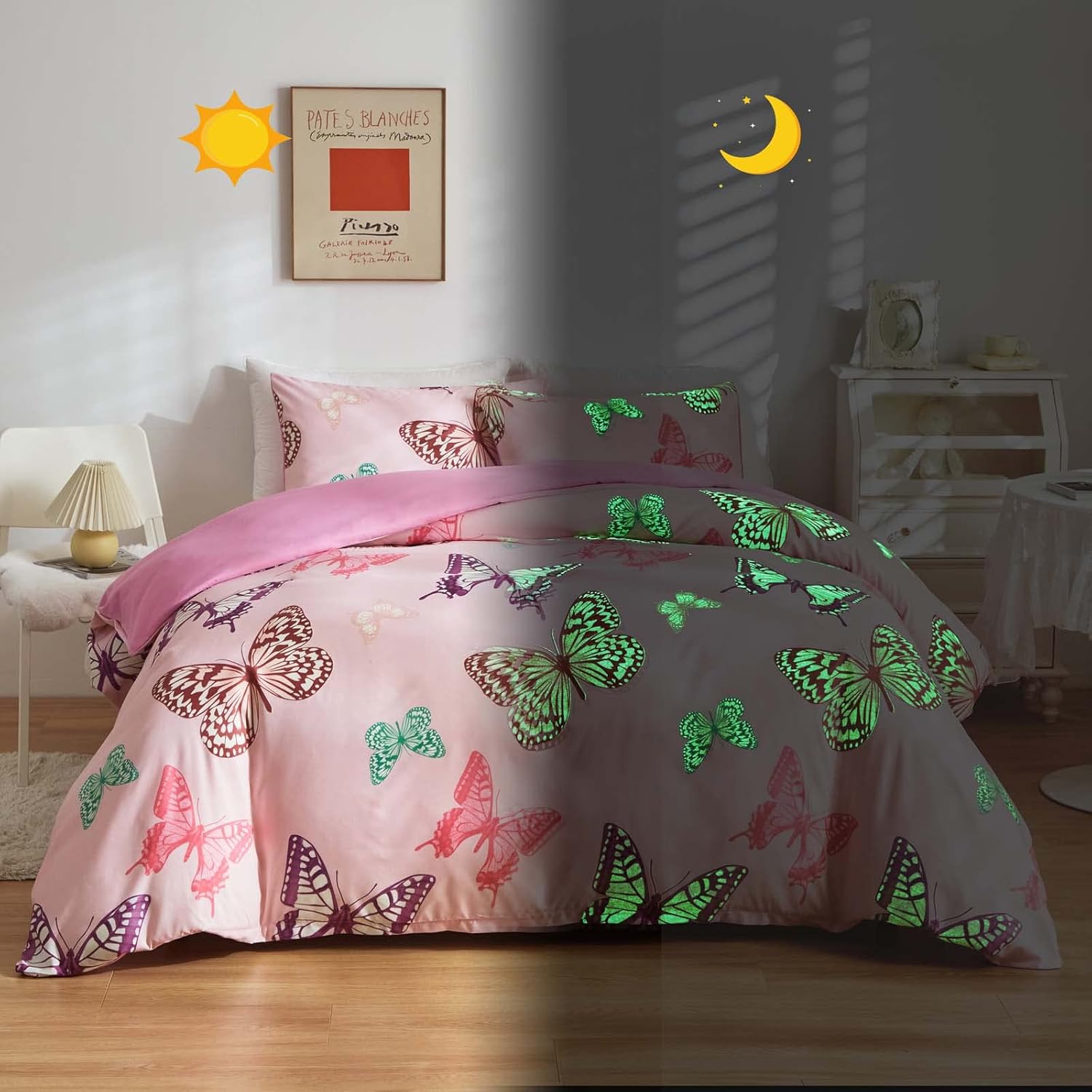 Juego de funda de edredón con diseño de mariposa que brilla en la oscuridad, tamaño individual, 2 piezas para niños y niñas, decoración que brilla