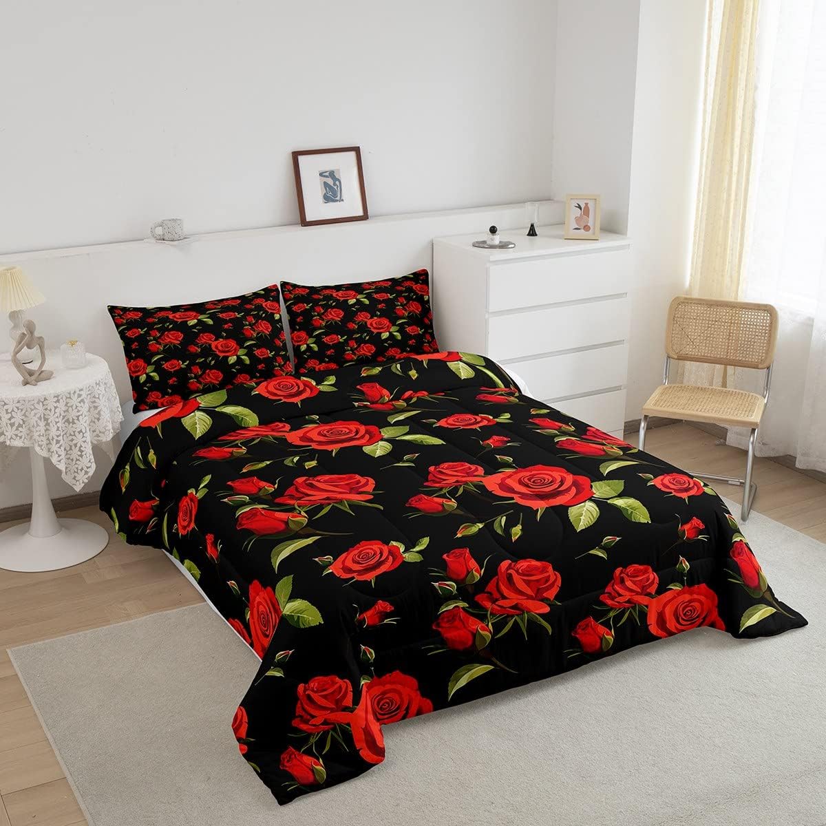 Erosebridal Juego de ropa de cama para mujer, diseño de flores rojas, tamaño individual, edredón acolchado con flores románticas de San Valentín,