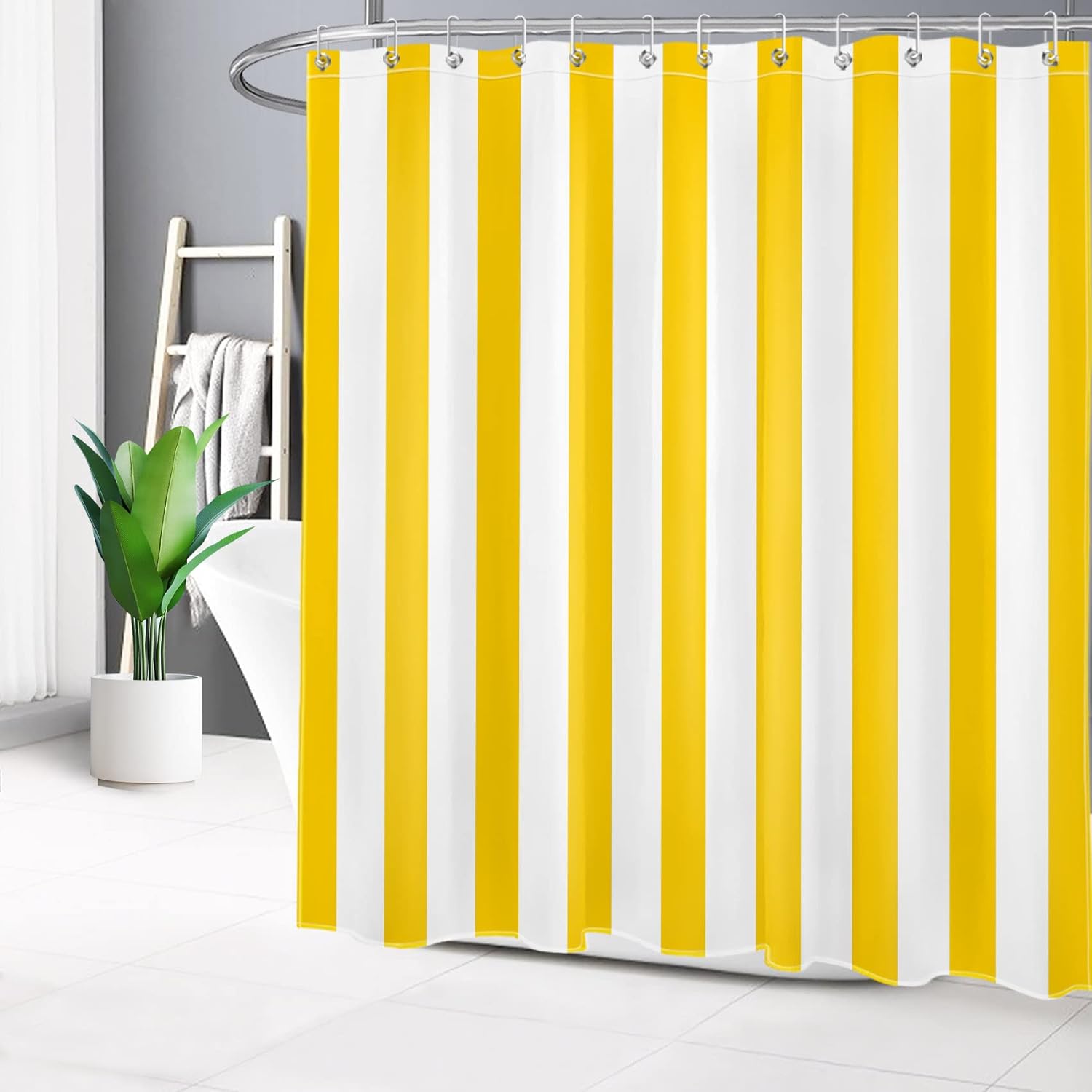 LB Yellow and White Shower Curtain for Bathroom, Modern Striped Bathroom Curtains Geometric Patterns Vertical Stripe Washable Polyester Fabric