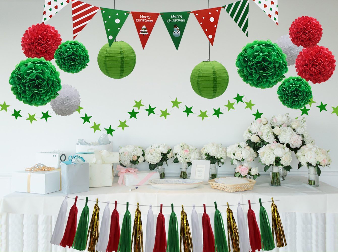 Juego de 33 suministros de decoración de fiesta de Navidad, faroles de papel, borlas, guirnalda colgante, banderines de tejido, pompones, flores,