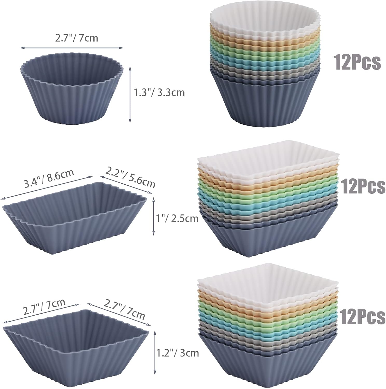 Paquete de 36 forros de silicona para cupcakes, tazas reutilizables para magdalenas, tazas redondas, cuadradas y rectangulares, antiadherentes,