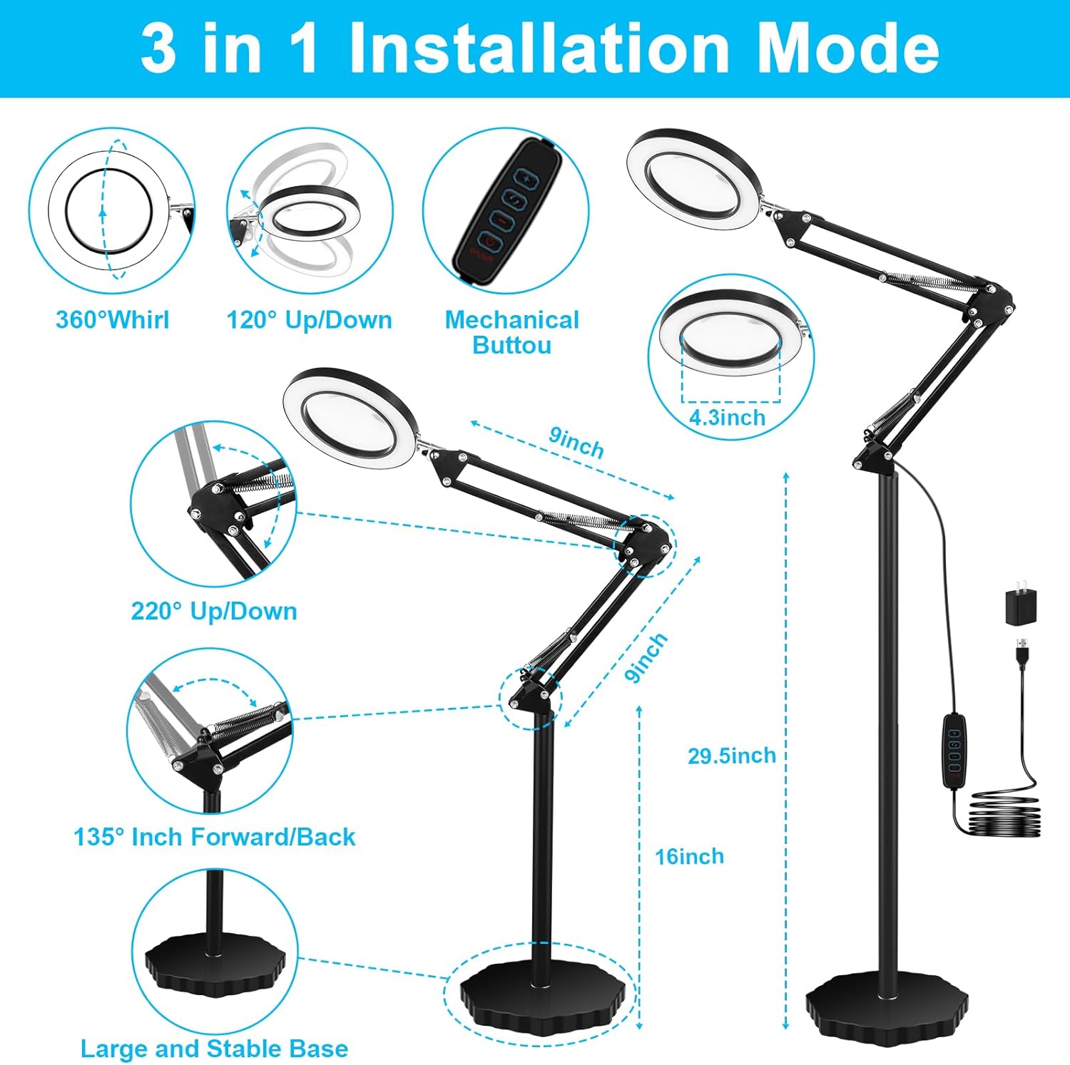 Lupa 8X con luz y soporte, 3 temperaturas de color, lámpara de pie con aumento de brillo ajustable, lupa iluminada con brazo oscilante para lectura,