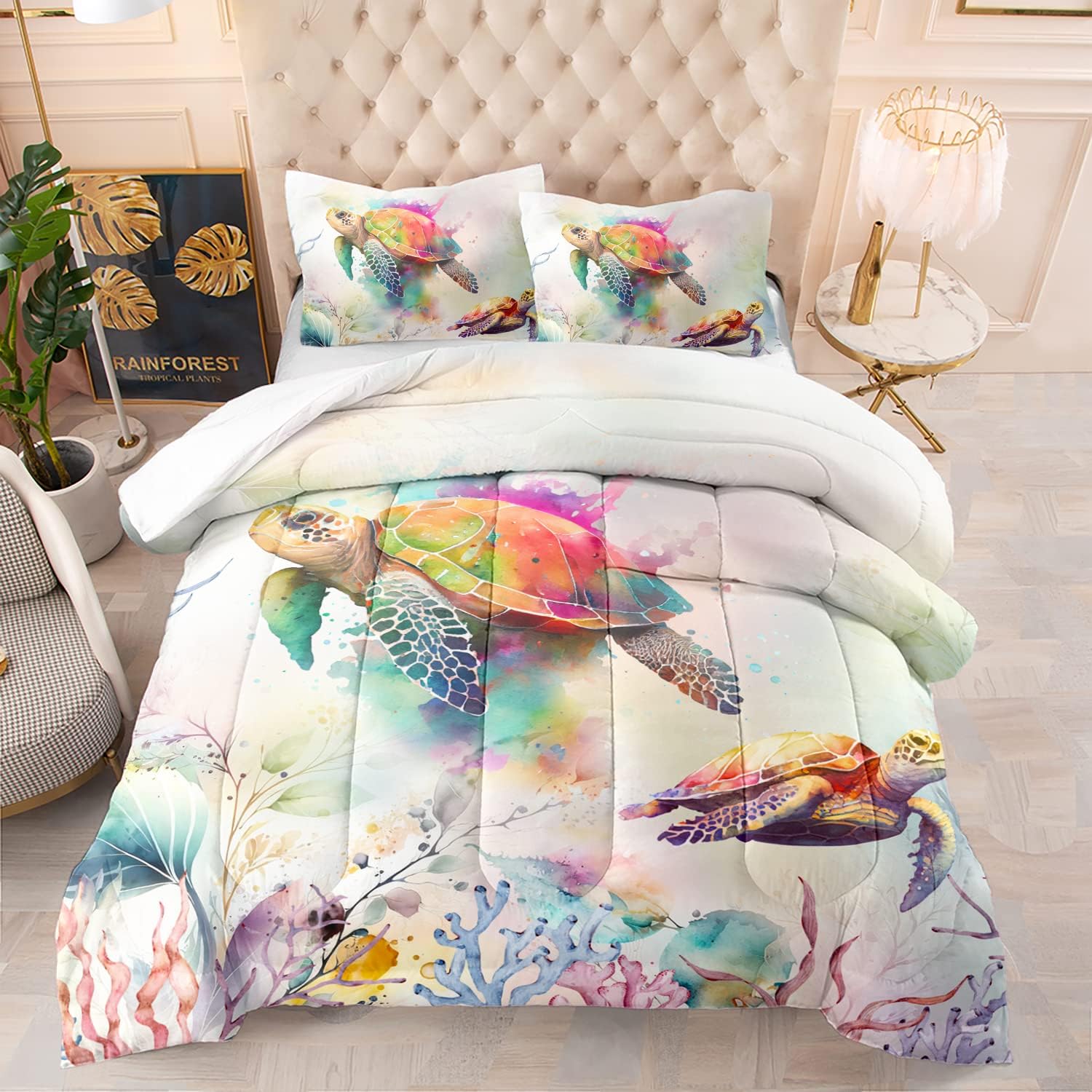 CVHOUSE Juego de edredón de tortuga marina, tamaño individual, juego de ropa de cama de tortuga oceánica para niños, juego de edredón de tortuga