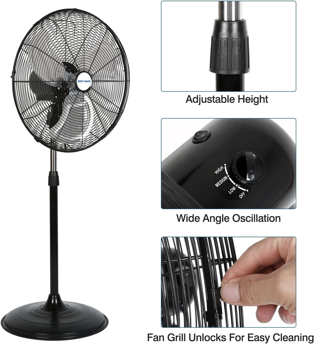 BILT HARD Ventilador de pedestal de alta velocidad de 20 pulgadas, ventilador de pie oscilante industrial de 3 velocidades 5200 CFM, ventilador de