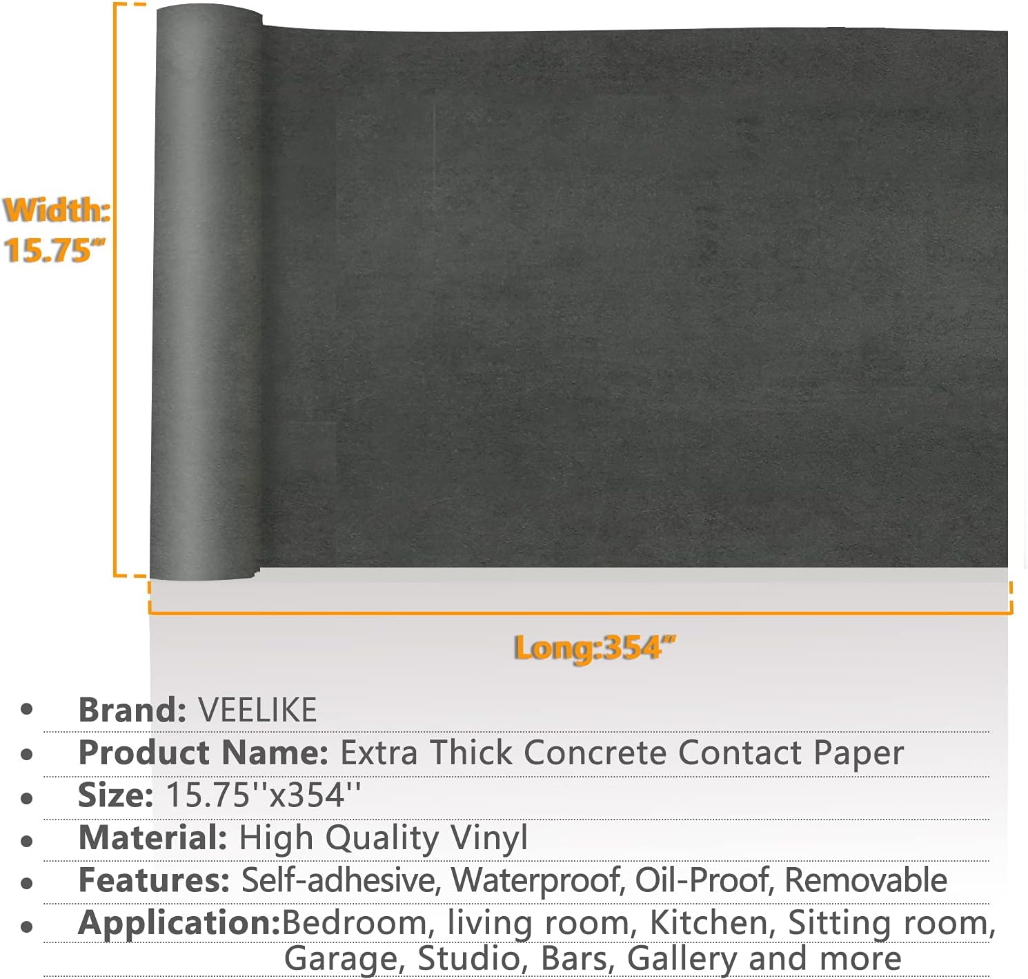 VEELIKE Papel tapiz de hormigón de 15.7 x 354 pulgadas, moderno papel de contacto de hormigón negro carbón para encimeras, impermeable,