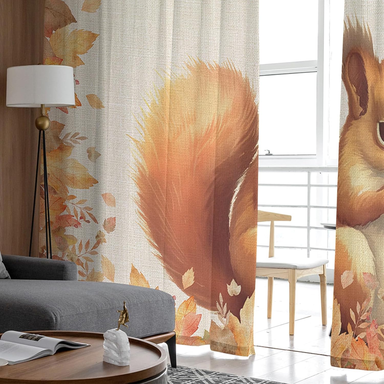 Thanksgiving Squirrel Voile Sheer Curtain 63 Inch Rod Pocket Kitchen Cafe Chiffon Window Curtain Panels Tulle Drape Curtains for Bedroom Living