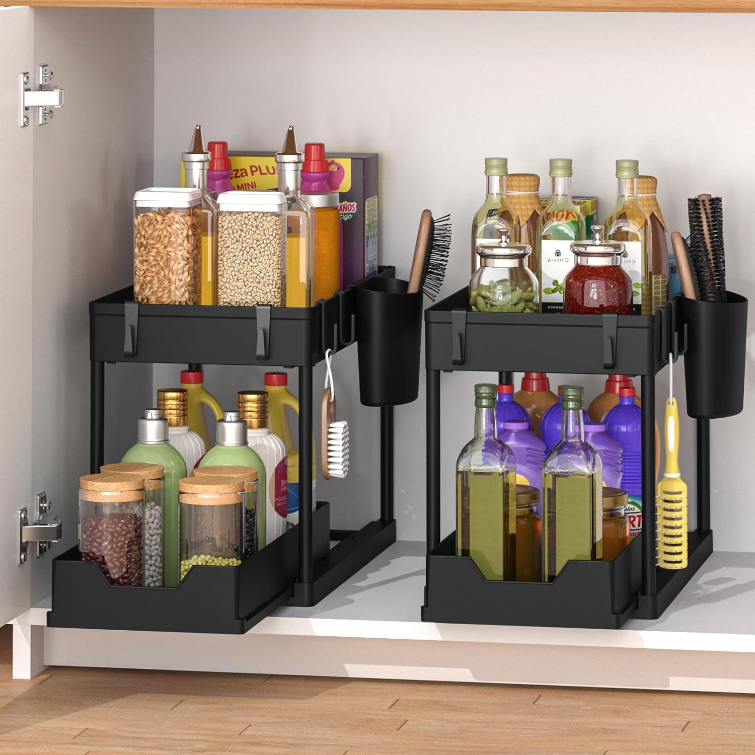 SUVANA Organizador para debajo del fregadero, organizador de armario de baño de 2 niveles con cesta deslizante debajo del fregadero, ganchos, taza