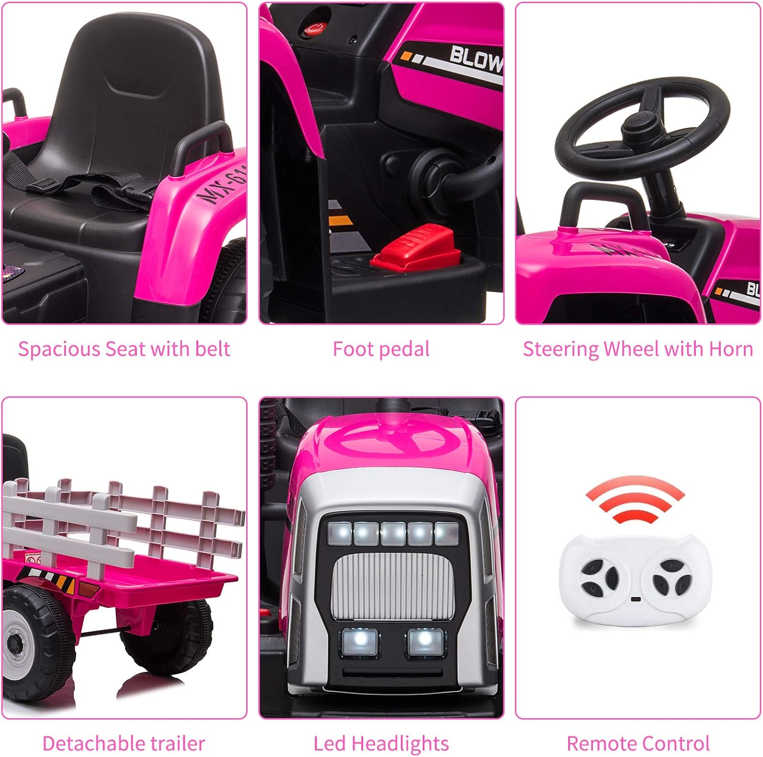 Tractor de 12 V con remolque y control remoto, vehículo eléctrico para niños pequeños con faros LED, cambio de marchas 2+1, reproductor de MP3, USB,