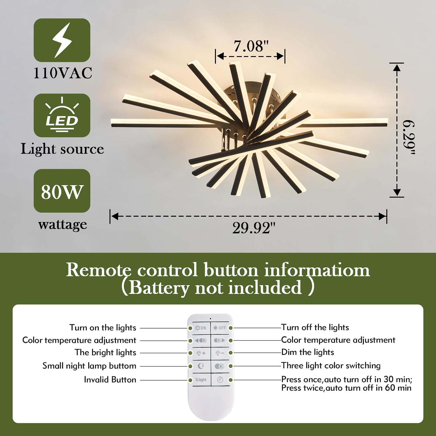 9 Lights Modern LED Sputnik Ceiling Light Fixture with Remote Control 80W Dimmable Black Flush Mount Chandelier 29.92in Acrylic Ceiling Light for