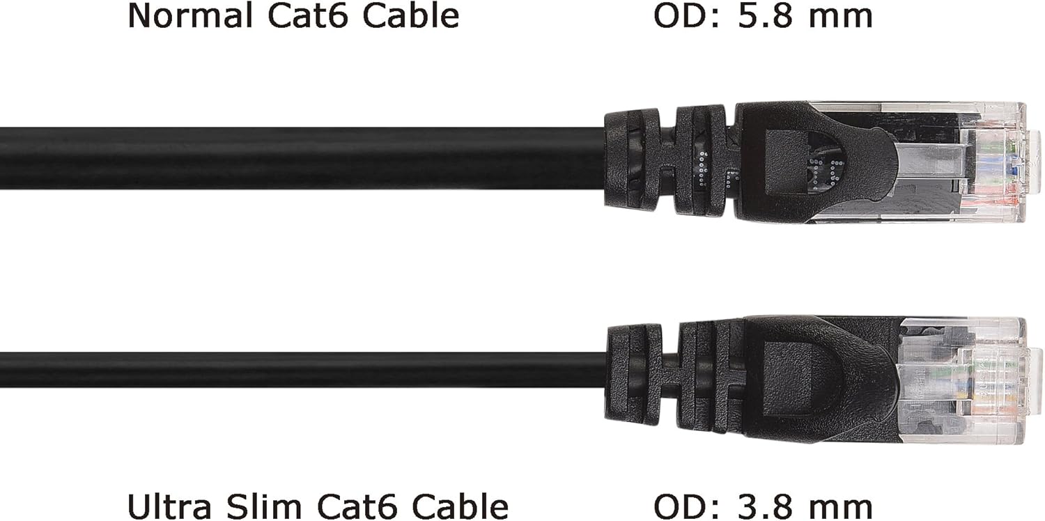 Cable Matters Cable Ethernet largo Cat6 ultra fino de 10 Gbps sin enganches de 50 pies (cable Cat6 delgado) en negro