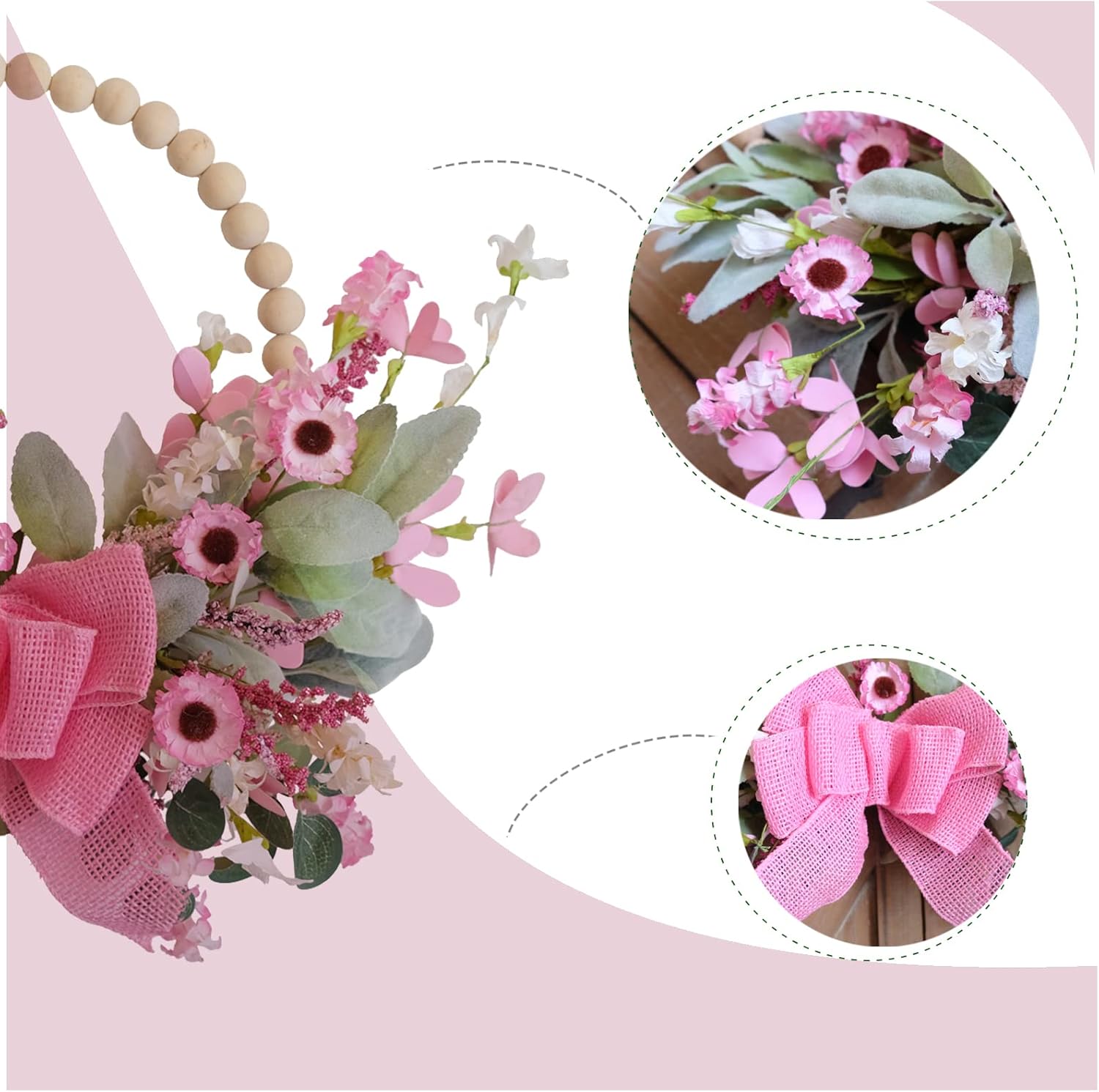 TEMPUS Corona de puerta con cuentas de madera de primavera de 16 pulgadas, margarita rosa, corona de lazo de arpillera, día de San Valentín,