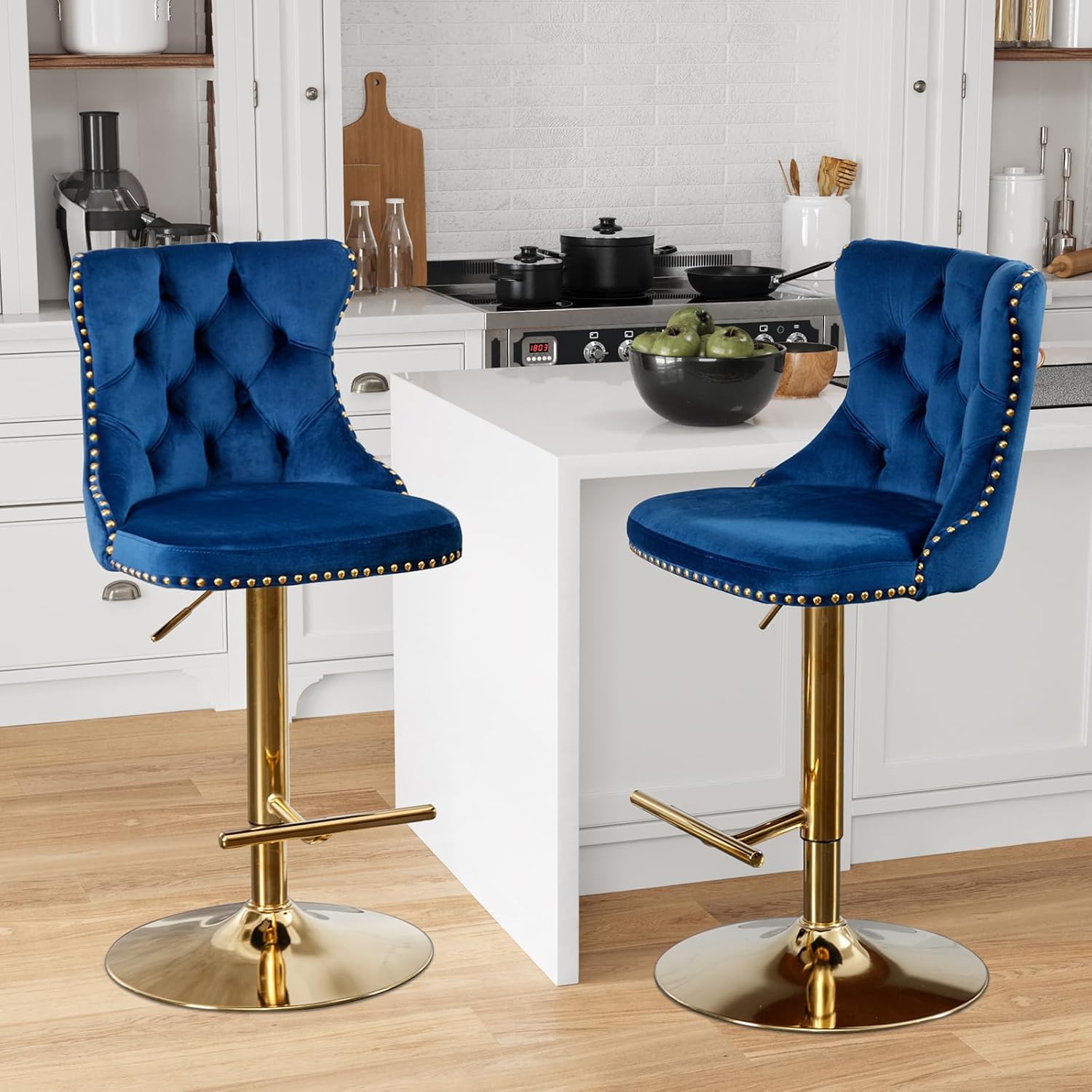 Aoowow Juego de 2 taburetes de bar giratorios, taburetes de bar ajustables con respaldo de terciopelo copetudo, sillas de bar modernas tapizadas con