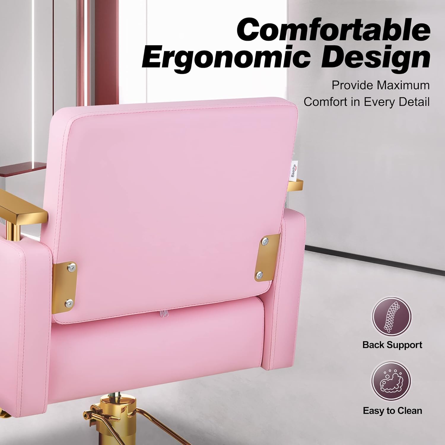 Baasha Silla de salón dorada de lujo con asiento y respaldo de espuma viscoelástica, silla de peluquería con reposabrazos de acero inoxidable, silla