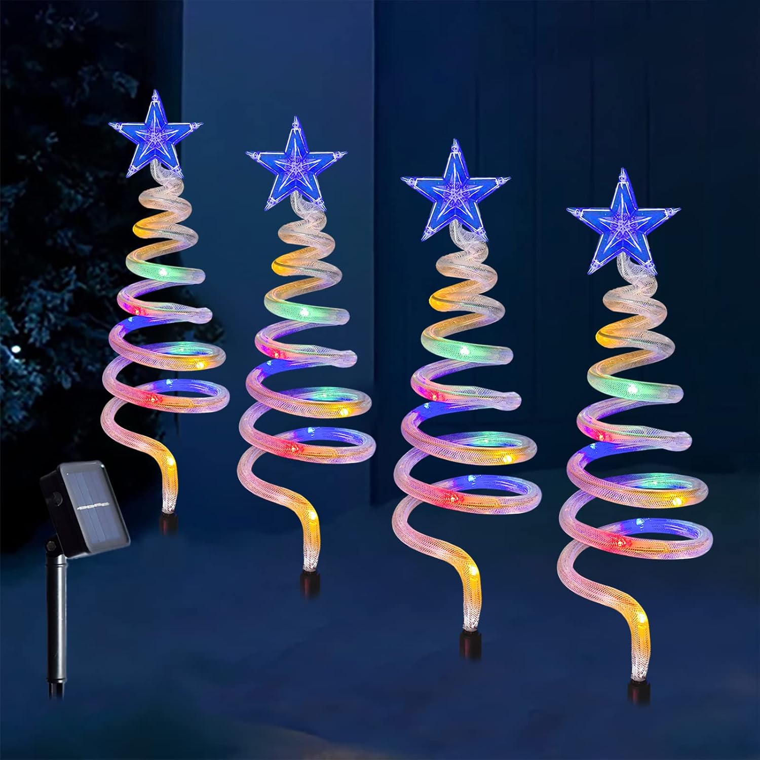 Juego de 4 luces en espiral para árbol de Navidad, preiluminadas con energía solar, 40 LEDs, para decoración de Navidad al aire libre, para camino,