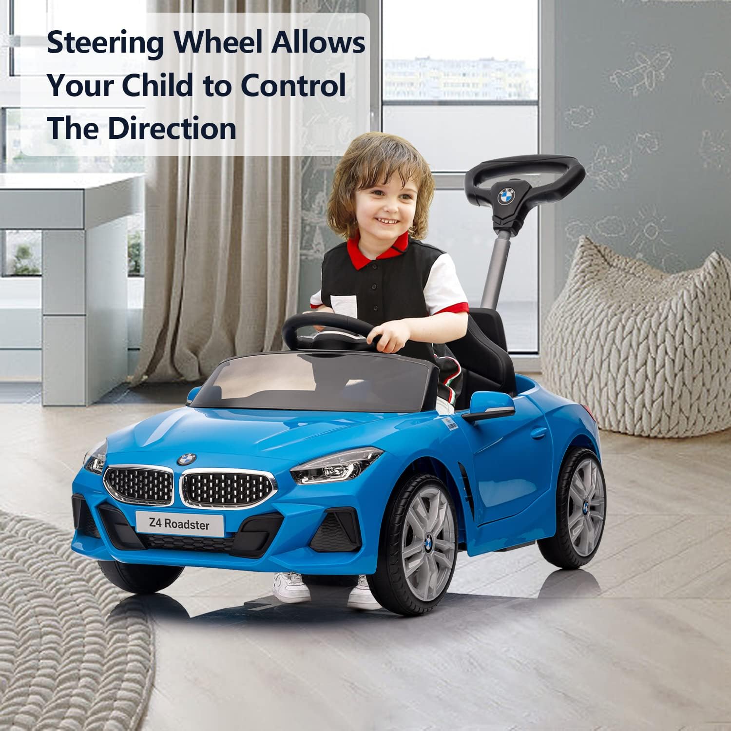 Automóvil de empuje para niños de 1 a 5 años, auto de empuje BMW Z4 con licencia con varilla de empuje ajustable, música de bocina, rueda