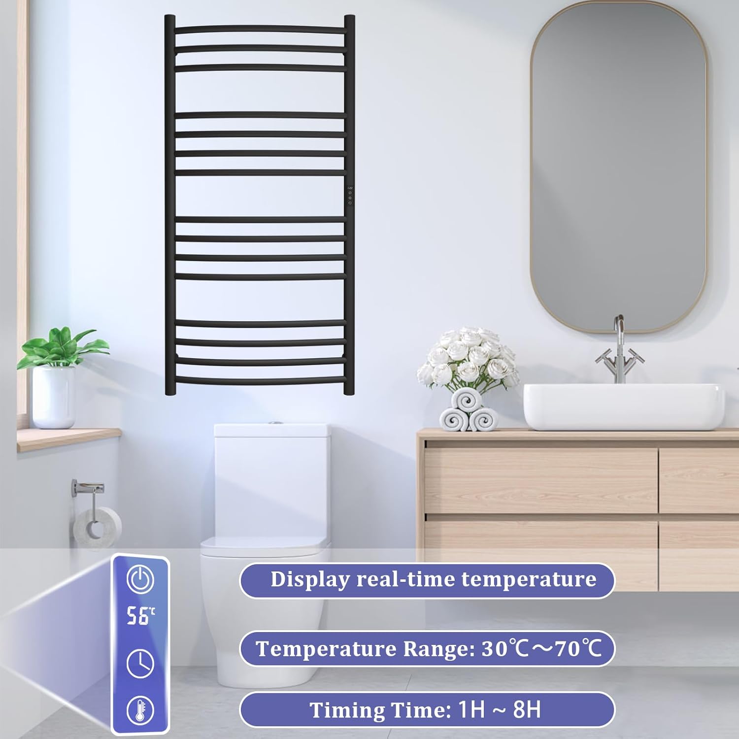 ESOP Calentador de toallas inteligente WiFi con temporizador, 185 W, 15 barras curvas, toallero calentado, calentador de toallas calentado
