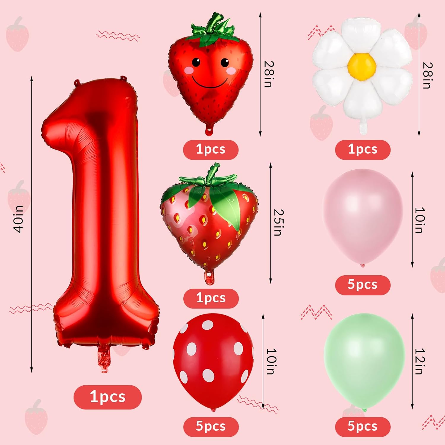 Auidy_6TXD 19 globos de fresa, decoraciones de cumpleaños de fresa, suministros de fiesta de primer cumpleaños de fresa, decoraciones de primer
