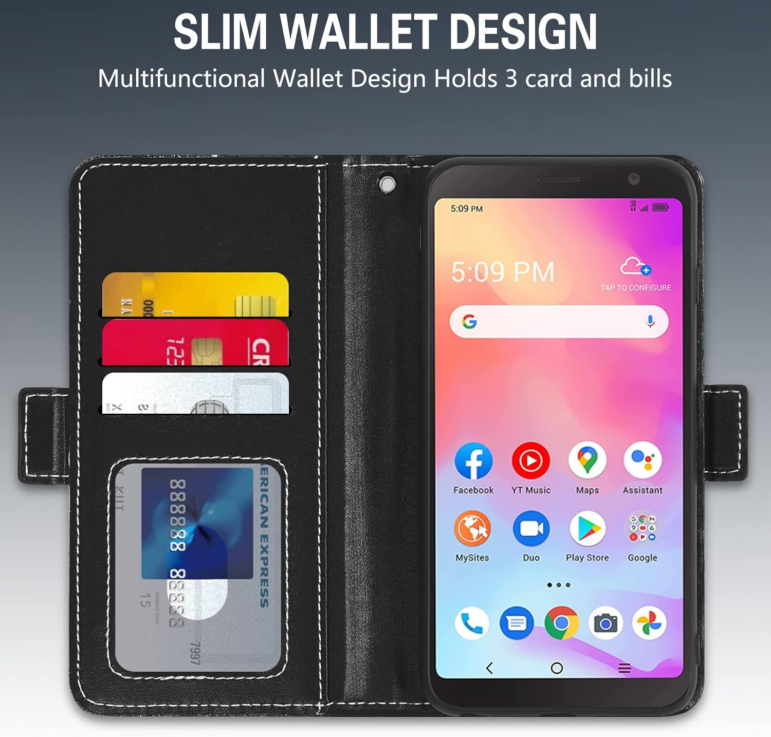 Asuwish Funda de teléfono para Alcatel TCL A3 A509DLA30 Funda tipo cartera con protector de pantalla y tarjetero abatible con purpurina para célula