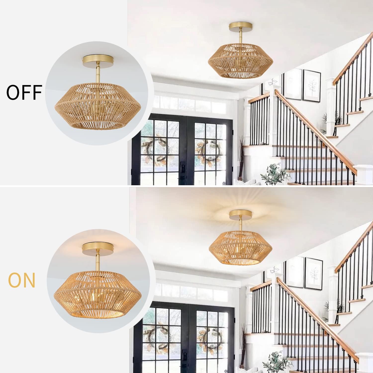 Lámpara de techo de ratán tejida con 2 luces, color beige, estilo casa de campo, semiempotrada, para dormitorio, pasillo, guardería, entrada