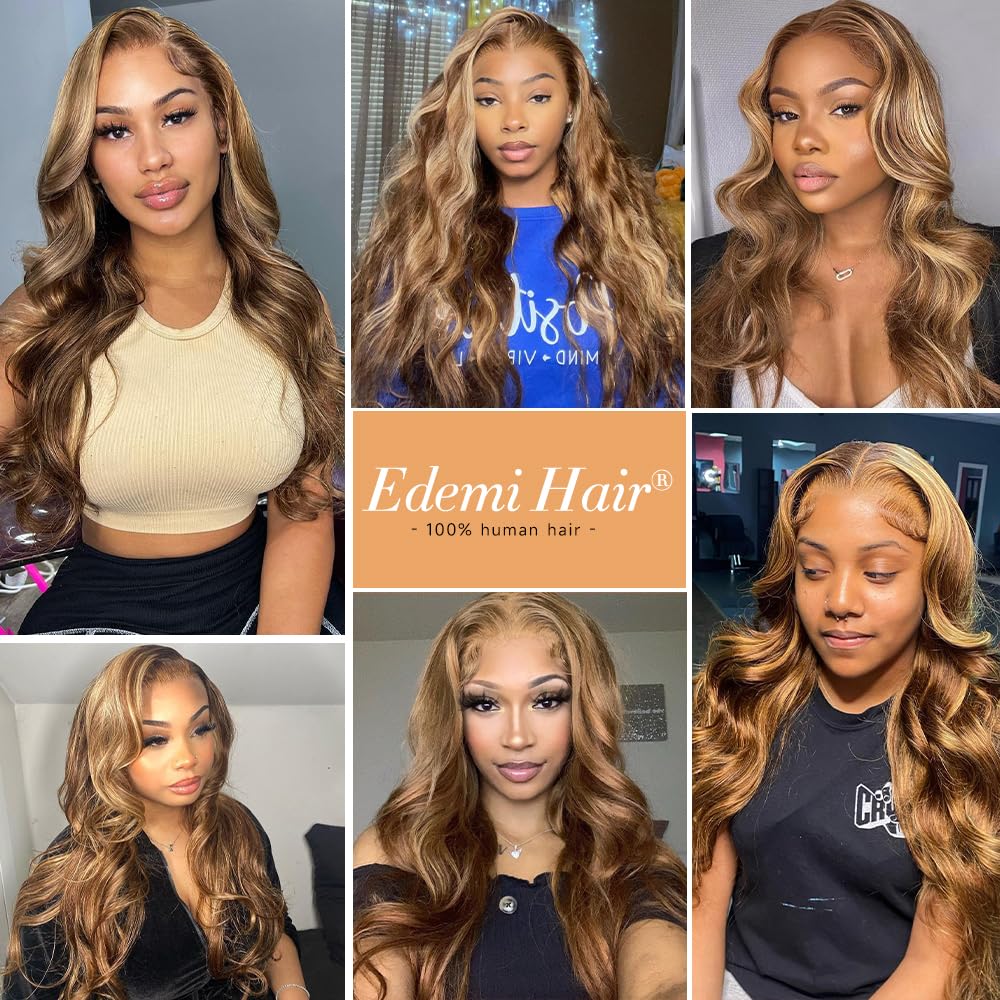 Peluca de cabello humano con encaje frontal transparente HD de 13 x 4 pulgadas, 180 % de densidad, cabello humano ondulado 427, color rubio miel,