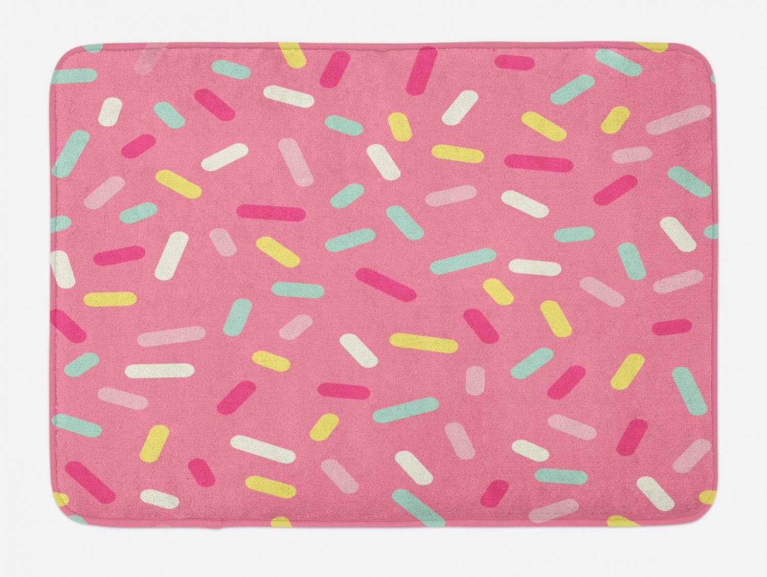 Ambesonne Tapete de baño rosa y blanco, patrón abstracto de colores con diseño de donas coloridas, tema de panadería sabrosa, tapete de felpa para
