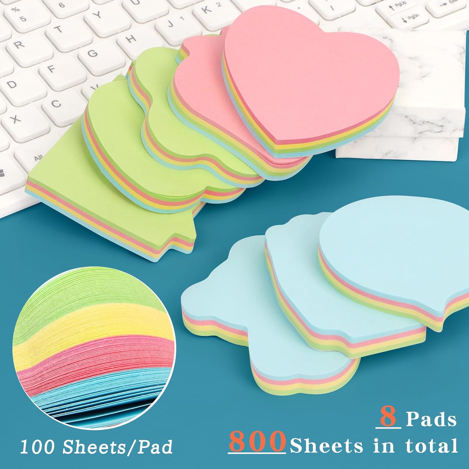 PetsHome Notas adhesivas paquete de 8 blocs de notas autoadhesivas coloridas de múltiples formas, 100 hojasbloc, total de 800 hojas para oficina,