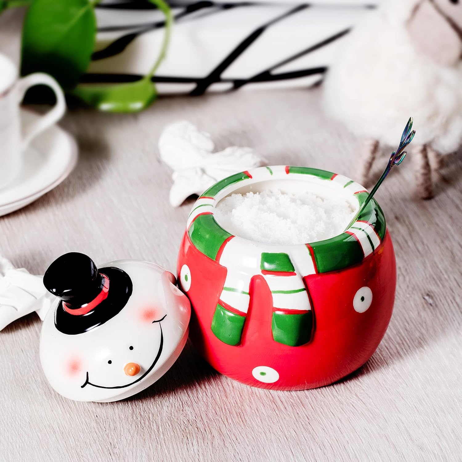 Azucarero de cerámica con tapa y cuchara, elegante recipiente para azúcar con bonito diseño de muñeco de nieve navideño, decoraciones navideñas,