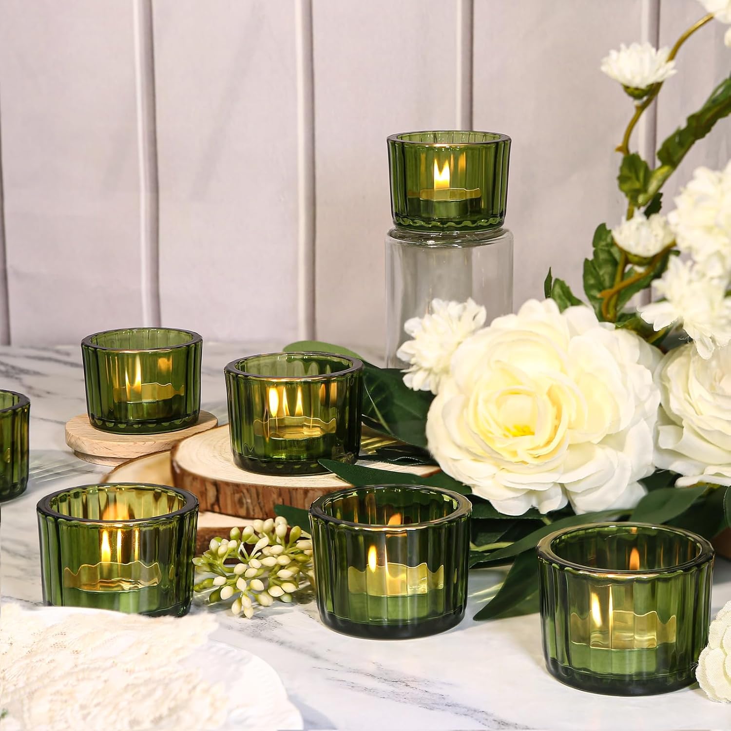 36 portavelas verdes para decoración de bodas, portavelas votivas, relleno de cera de cristal transparente romántico para cumpleaños, portavelas